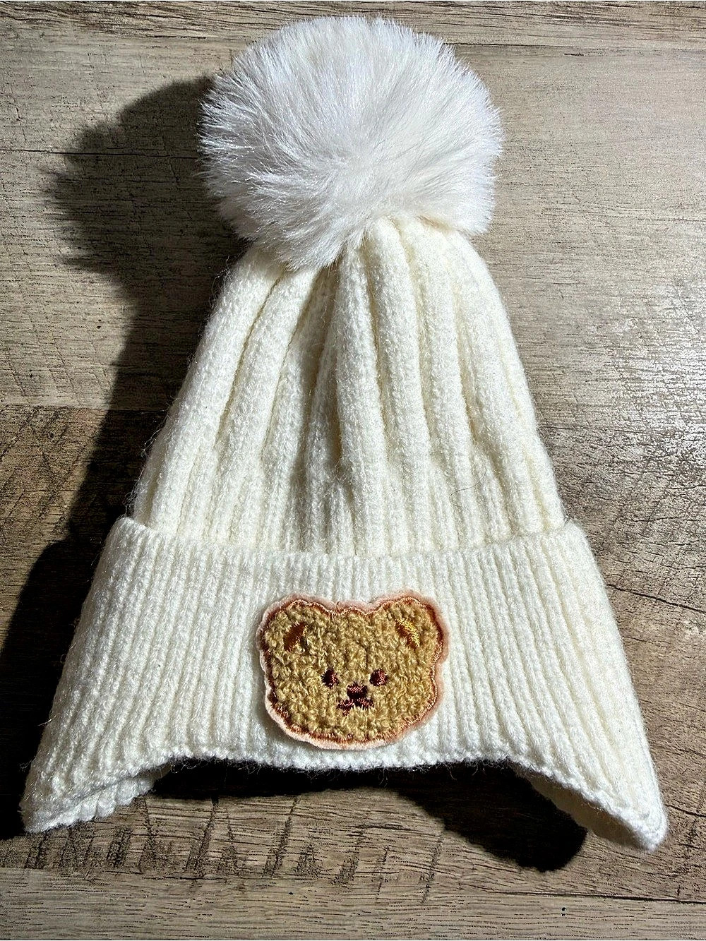 shein cream knit beanie with teddy bear patch and pom pom